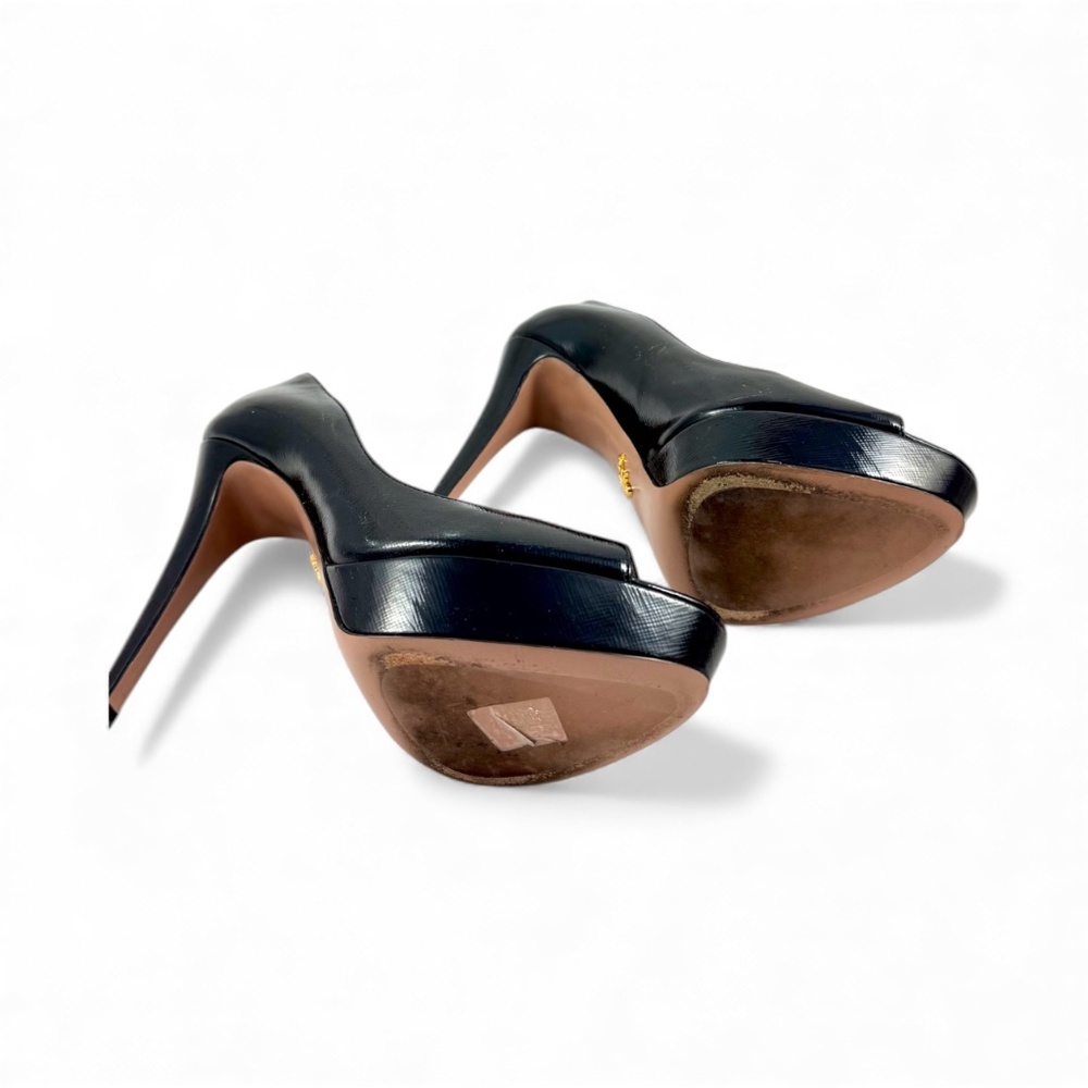 PRADA Vernice Saffiano leather peep toe platform pumps black size 39.5 - Picture 6 of 16